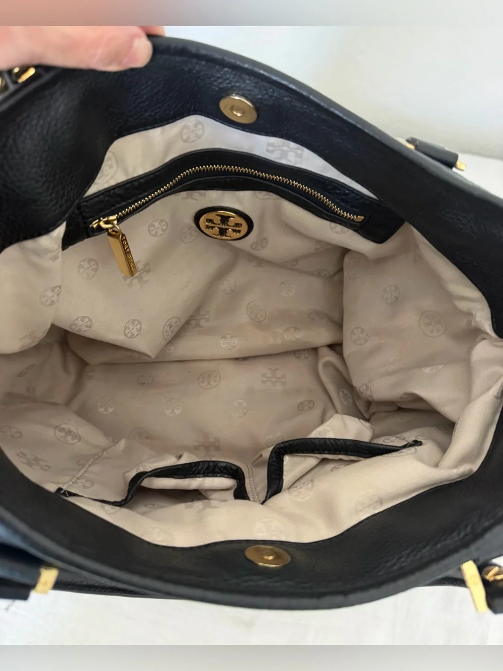 Tory Burch Black Leather Shoulder Tote with Gold Logo